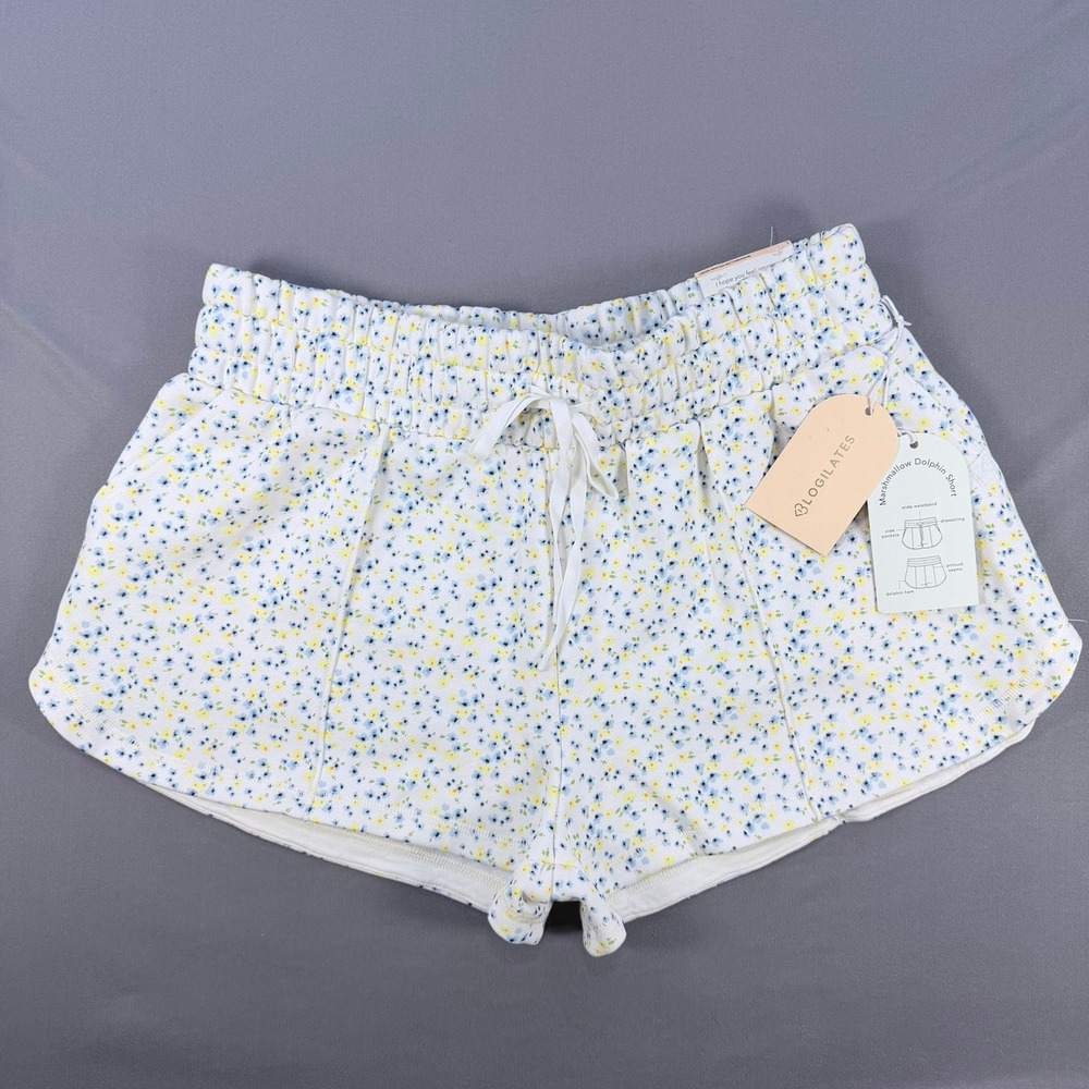 Blogilates Womens L White Floral Cotton Blend Marshmallow Dolphin Shorts Pockets
